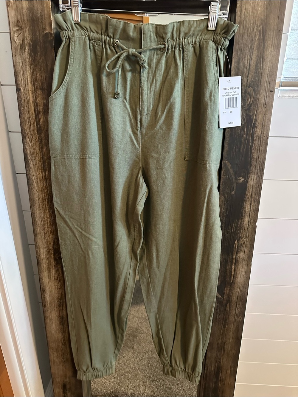 Stitch & Pine Olive Paperbag Jogger Pants Rayon Linen Drawstring Size M NWT
